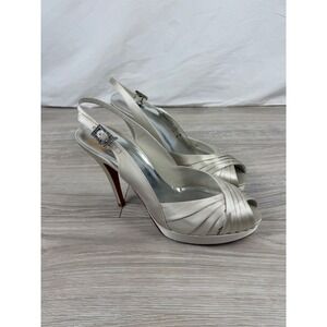 Stuart Weitzman‎ Champagne Satin Peep Toe Slingback Platform Heels 10 NWOB Spain